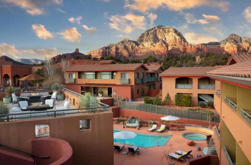 Spa pool, rooftop, and Sedona view